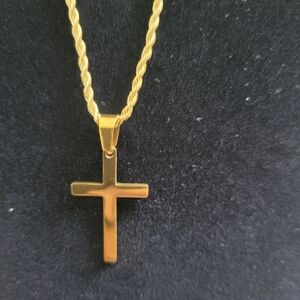 14K Gold Plated Steel Rope Chain and Cross pendant "22" Long